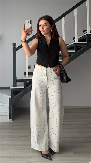 Beyaz Tensl Taşlı Wide Leg Jean