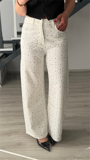 Beyaz Tensl Taşlı Wide Leg Jean
