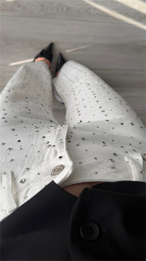 Beyaz Tensl Taşlı Wide Leg Jean