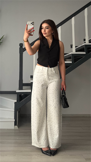 Beyaz Tensl Taşlı Wide Leg Jean