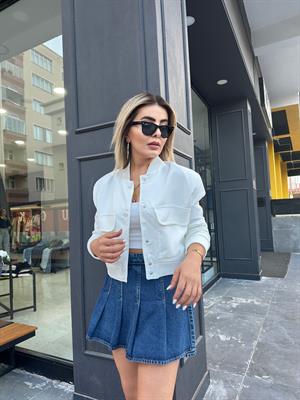 Beyaz Torba Cepli Bomber Ceket