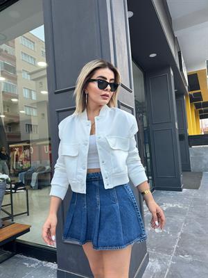 Beyaz Torba Cepli Bomber Ceket