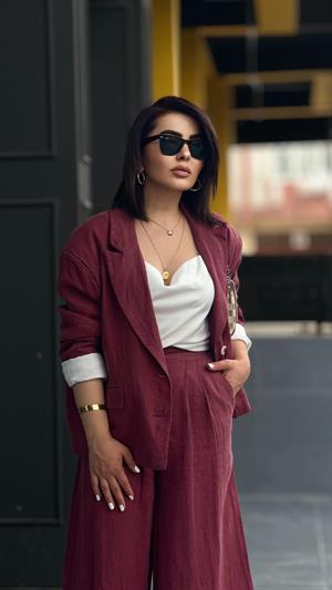 Bordo %100 Ham Keten Blazer Ceket 