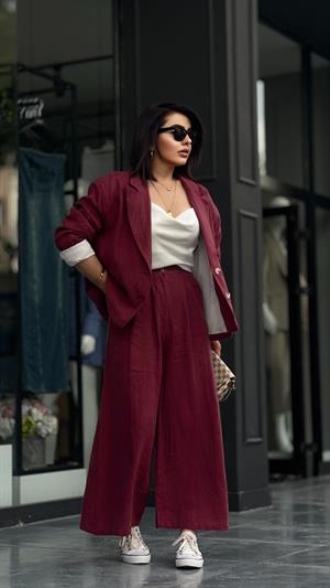 Bordo %100 Ham Keten Blazer Ceket 