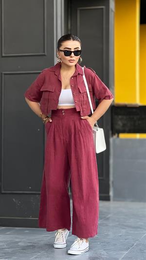 Bordo % 100 Ham Keten Çift Pensli Çift Düğmeli Bol Paça Pantolon