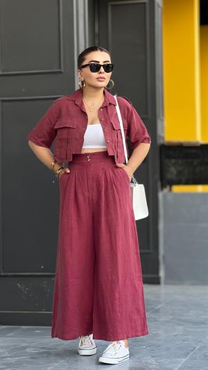 Bordo % 100 Ham Keten Çift Pensli Çift Düğmeli Bol Paça Pantolon