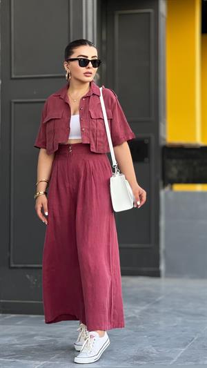 Bordo % 100 Ham Keten Çift Pensli Çift Düğmeli Bol Paça Pantolon