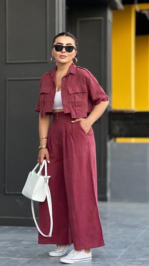 Bordo % 100 Ham Keten Çift Pensli Çift Düğmeli Bol Paça Pantolon