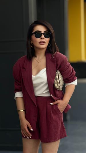 Bordo %100 Ham Keten Şort