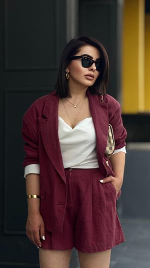 Bordo %100 Ham Keten Şort