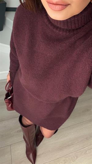 Bordo Balıkçı Yaka Yumuşak Doku Triko Elbise