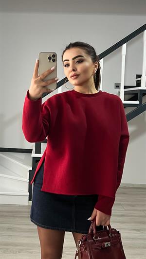 Bordo Basic Yan Yırtmaçlı Sweatshirt 