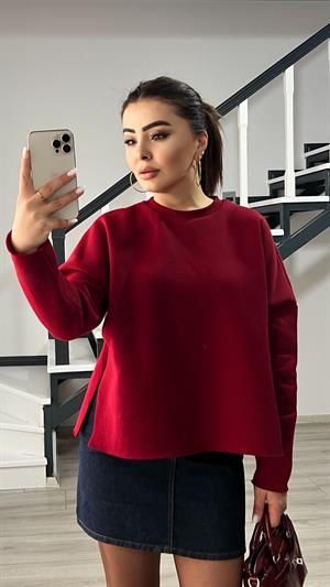 Bordo Basic Yan Yırtmaçlı Sweatshirt 