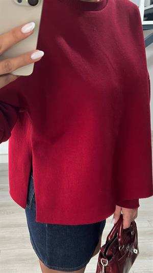 Bordo Basic Yan Yırtmaçlı Sweatshirt 