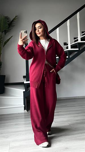 Bordo Çift Fermuar Detaylı Kapüşonlu Triko Takım