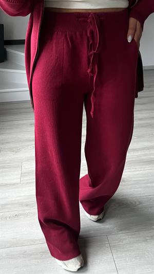 Bordo Çift Fermuar Detaylı Kapüşonlu Triko Takım