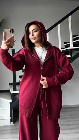 Bordo Çift Fermuar Detaylı Kapüşonlu Triko Takım