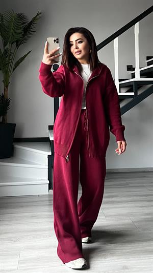 Bordo Çift Fermuar Detaylı Kapüşonlu Triko Takım