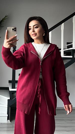 Bordo Çift Fermuar Detaylı Kapüşonlu Triko Takım