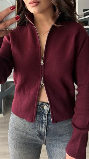 Bordo Çift Fermuarlı Çelik Triko Hırka