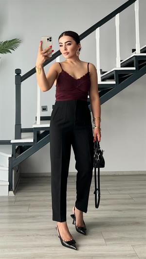 Bordo Dantel Detaylı Bluz