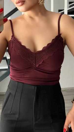 Bordo Dantel Detaylı Bluz