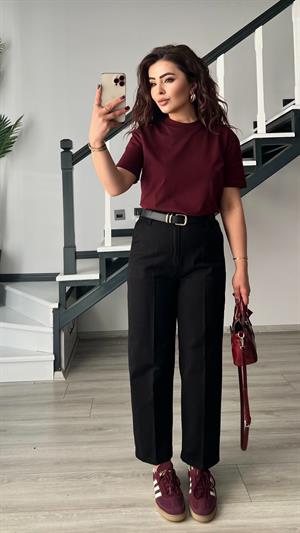 Claret Red Decorative Collar Soild Texture Tshirt