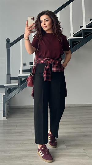 Claret Red Decorative Collar Soild Texture Tshirt