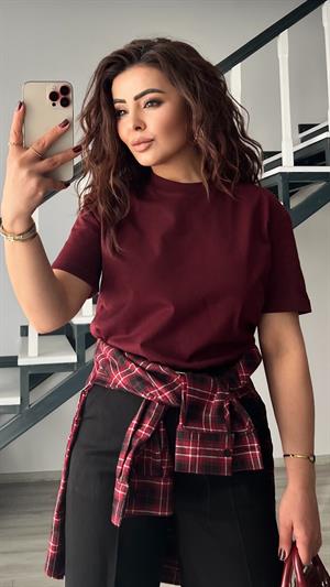 Claret Red Decorative Collar Soild Texture Tshirt