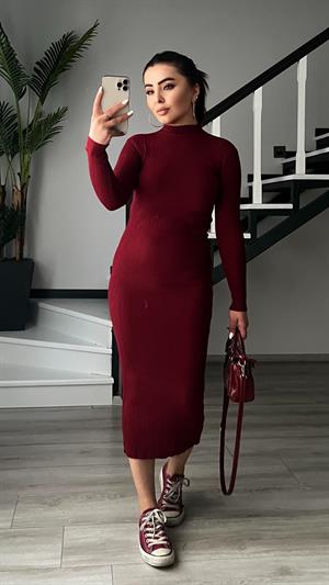 Bordo Dik Yaka Fitilli Triko Elbise