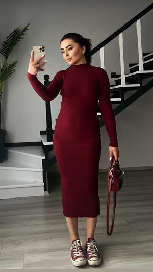 Bordo Dik Yaka Fitilli Triko Elbise