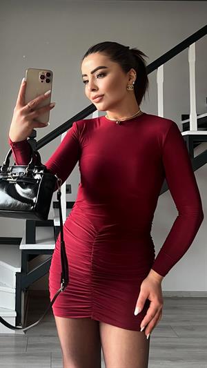 Bordo Drape Detaylı Vatkalı Mini Elbise