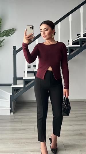 Bordo Fermuar Detaylı Uzun Kollu Bluz