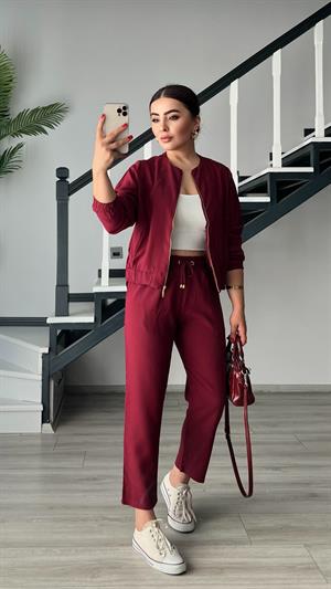Bordo Fermuarlı Ceket-Pantolon Tensl Kumaş Takım