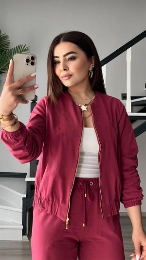 Bordo Fermuarlı Tensel Kumaş Takım