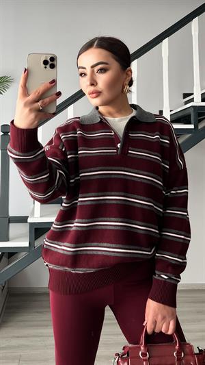 Bordo-Gri Polo Yaka Çizgili Triko Kazak