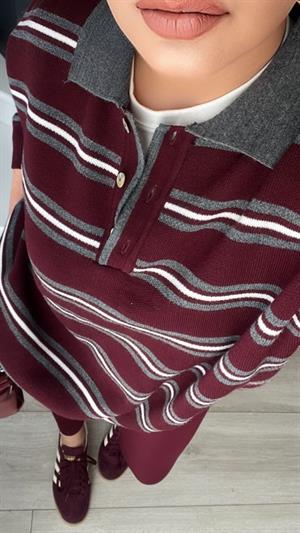 Bordo-Gri Polo Yaka Çizgili Triko Kazak
