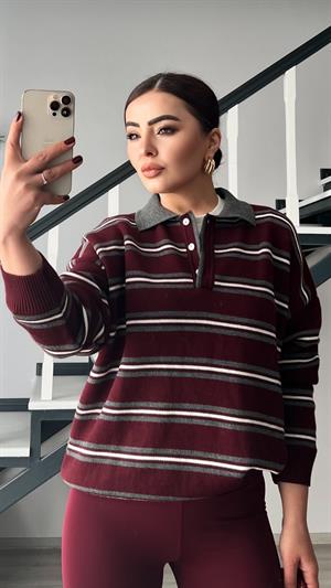 Bordo-Gri Polo Yaka Çizgili Triko Kazak