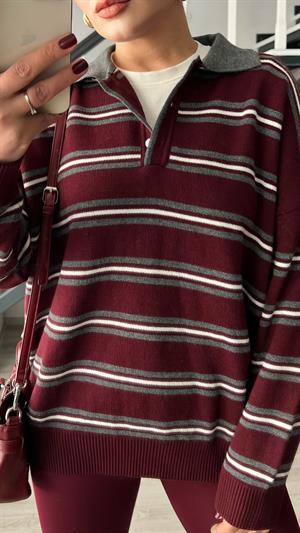 Bordo-Gri Polo Yaka Çizgili Triko Kazak