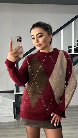 Bordo-Kahve-Bej Baklava Desenli Kazak 