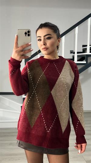 Bordo-Kahve-Bej Baklava Desenli Kazak 