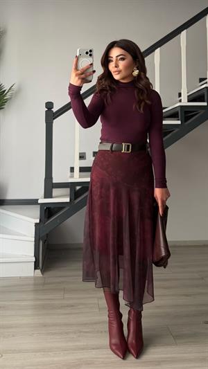 Bordo Kemerli Çiçek Motifli Astarlı Asimetrik Tül Etek