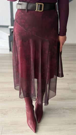 Bordo Kemerli Çiçek Motifli Astarlı Asimetrik Tül Etek
