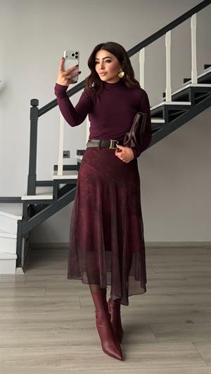 Bordo Kemerli Çiçek Motifli Astarlı Asimetrik Tül Etek