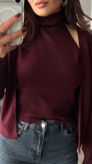 Bordo Kendinden Balıkçı Yaka Detaylı Triko Hırka