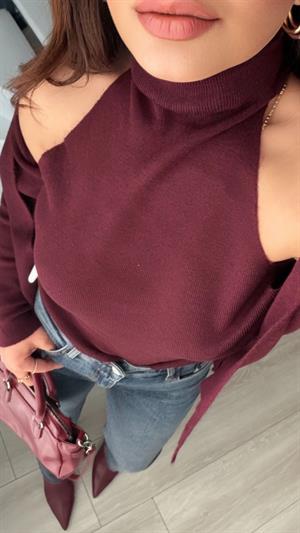 Bordo Kendinden Balıkçı Yaka Detaylı Triko Hırka