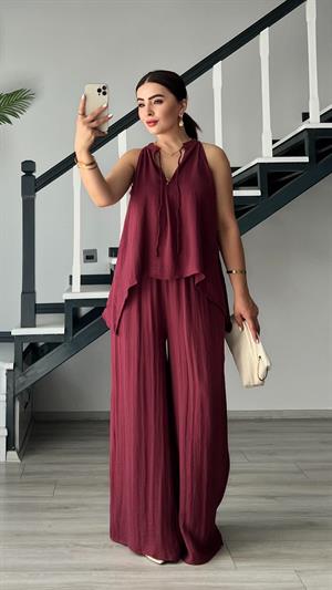 Bordo Kendinden Dokulu Bağlamalı Bluz-Pantolon Takım