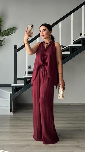 Bordo Kendinden Dokulu Bağlamalı Bluz-Pantolon Takım