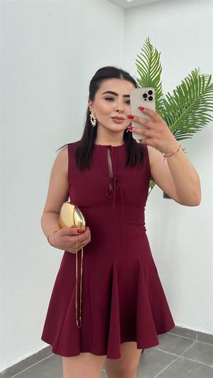 Bordo Kloş Etekli Fiyonklu Kısa Elbise