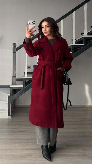 Bordo Kol Apoletli Düğmeli Kuşaklı Kaban